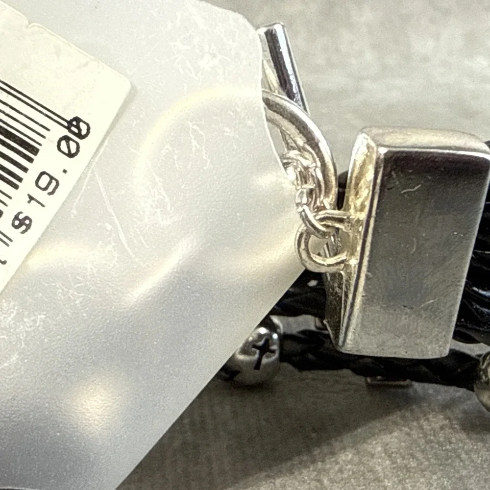 Tamina By Stella Faux Laether Corded Bracelet Silver Tone Cross White Rhinestone